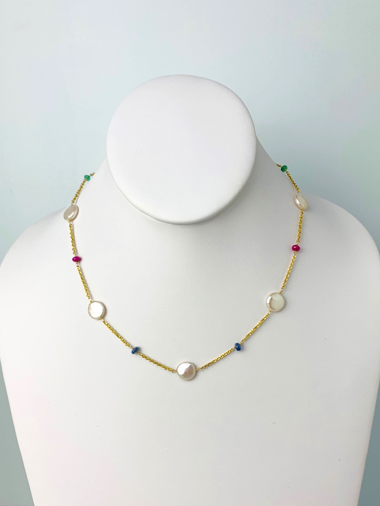 17" Ruby, Emerald, Blue Sapphire and Coin Pearl Station Necklace in 14KY - NCK-100-TNCPRLGM14Y-WHRES-17