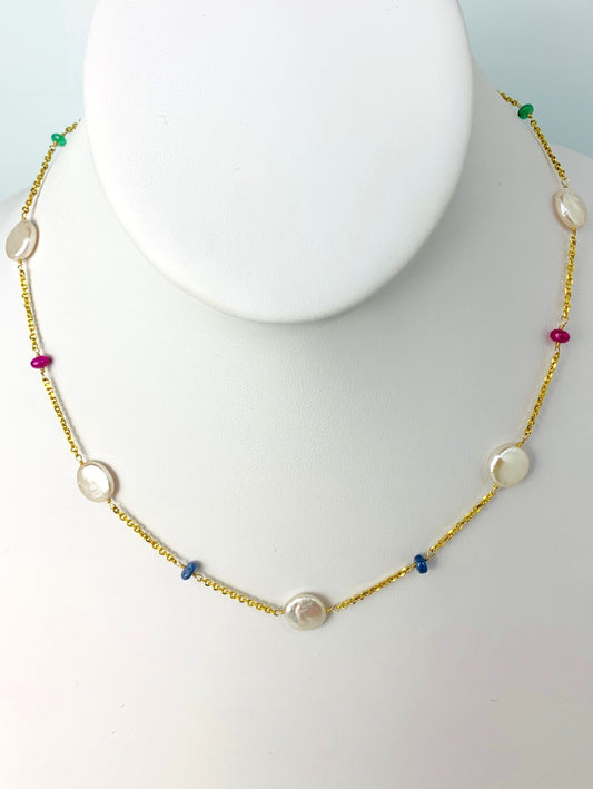 17" Ruby, Emerald, Blue Sapphire and Coin Pearl Station Necklace in 14KY - NCK-100-TNCPRLGM14Y-WHRES-17