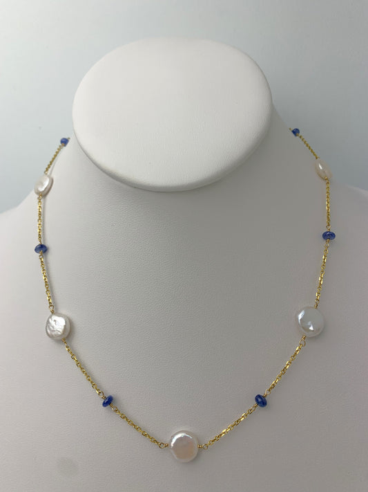 17" Blue Sapphire and Coin Pearl Station Necklace in 14KY - NCK-101-TNCPRLGM14Y-WHBS-17