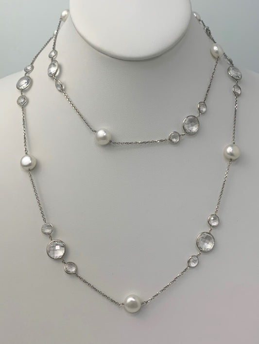 36" Crystal Quartz and Coin Pearl Station Necklace in 14KW - NCK-105-TNCPRLGM14W-WHCQ-36