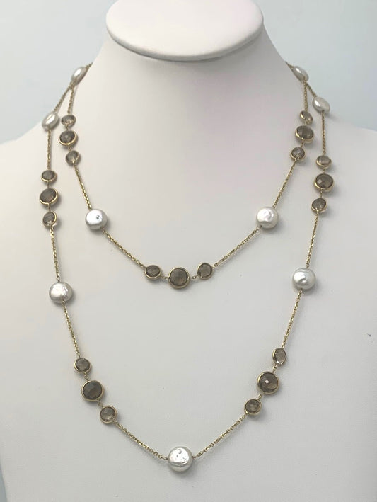 42" Smokey Quartz and Coin Pearl Station Necklace in 14KY - NCK-107-TNCPRLGM14Y-WHSQ-42