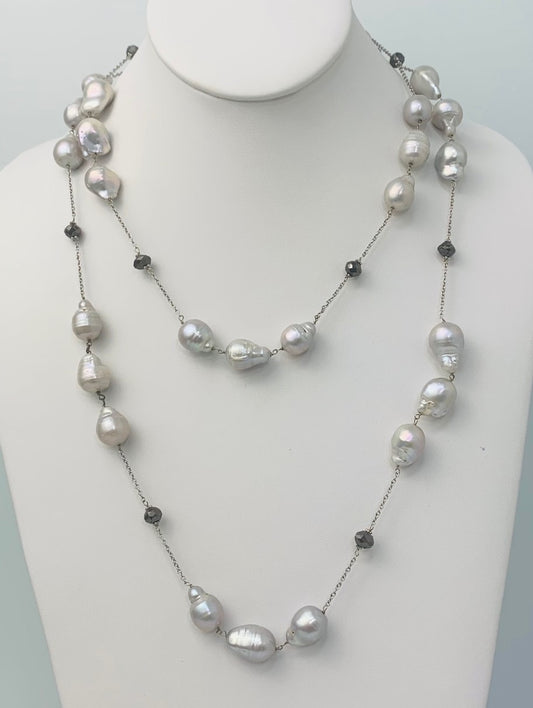 40" Black Diamond and Grey Baroque Pearl Station Necklace in 14KW - NCK-115-TNCPRLDIA14W-GRYBLK-40 18ctw