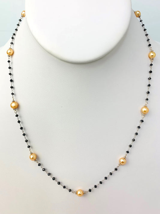 18" Gold Pearl and Black Diamond Rosary Necklace in 14KW -  NCK-117-ROSPRLDIA14W-YLBLK-18 5ctw