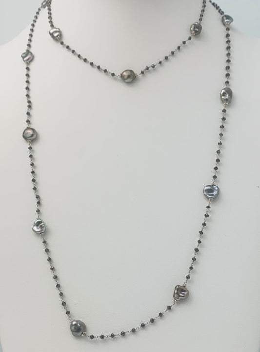 41" Grey Keshi and Black Diamond Rosary Necklace in 14KW - NCK-124-ROSPRLDIA14W-GRYBLK-41 11ctw