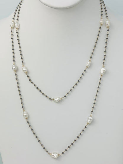 43" White Keshi and Black Diamond Rosary in 14KY - NCK-128-ROSPRLDIA14Y-WHBLK-43-02882 11.50ctw