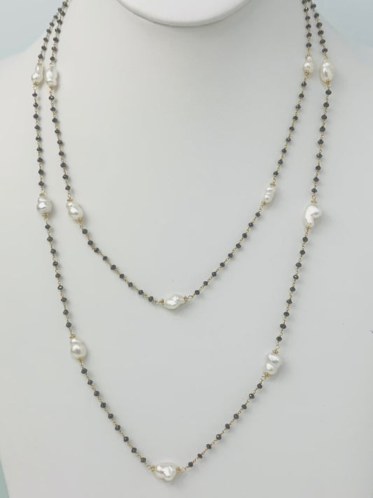 43" White Keshi and Black Diamond Rosary in 14KY - NCK-128-ROSPRLDIA14Y-WHBLK-43-02882 11.50ctw