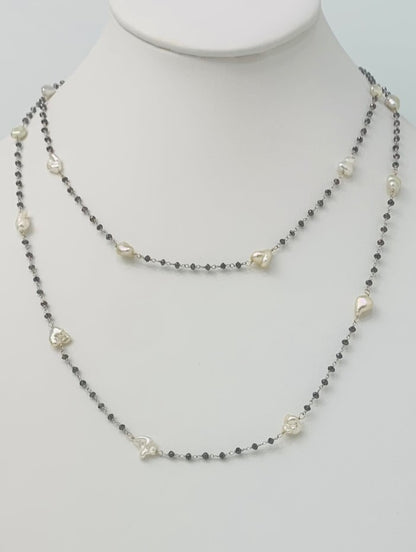 38" White Keshi and Black Diamond Rosary in 14KW - NCK-130-ROSPRLDIA14W-WHBLK-38 10.10ctw