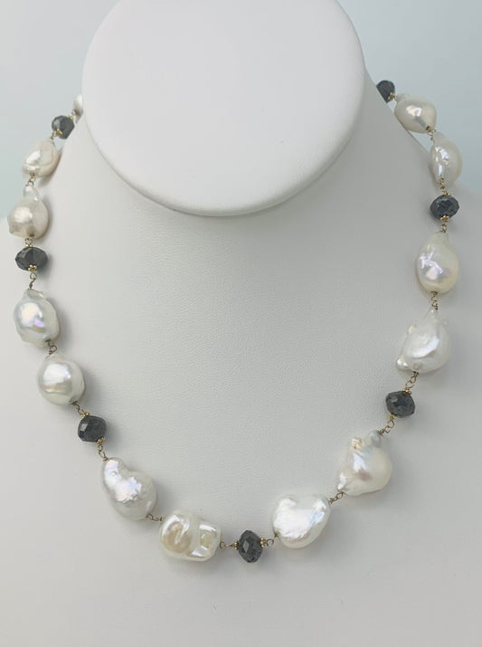 17.5" Freshwater Pearl Rosary Necklace with Black Diamond Accents in 14KY - NCK-140-ROSPRLDIA14Y-WHBLK-17.5-00725 28ctw