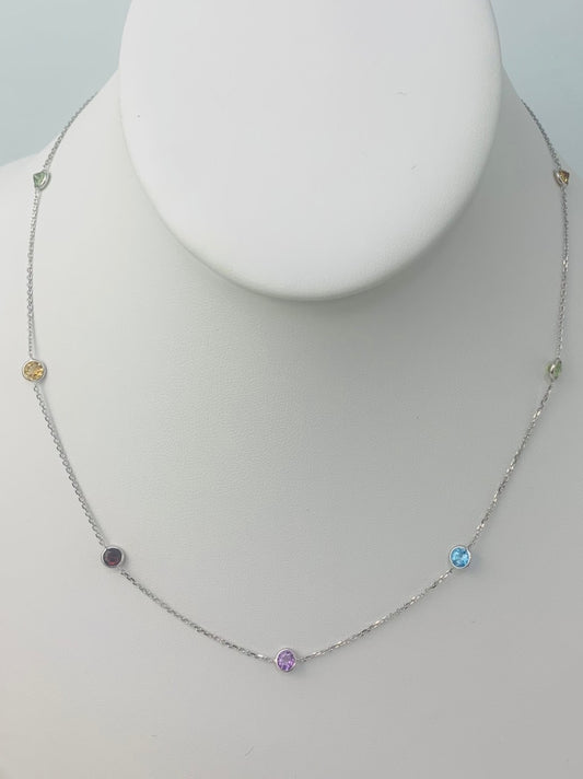 18" 4mm 9 Station Round Multicolored Bezel Necklace in 14KW - NCK-171-BZGM14W-MLTI-18-4-03161