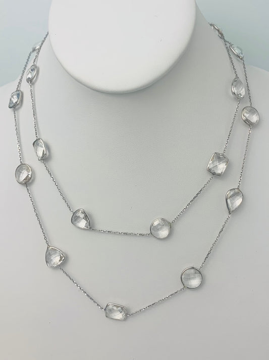 36" 20 Station Crystal Quartz Round, Pear, Trilliant, Oval and Rectangular Checkerboard Bezel Necklace in 14KW - NCK-173-BZGM14W-CRY-36
