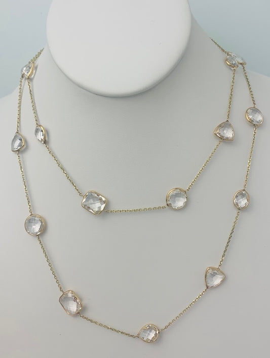 36" 20 Station Crystal Quartz Round, Pear, Trilliant, Oval and Rectangular Checkerboard Bezel Necklace in 14KY - NCK-173-BZGM14Y-CRY-36
