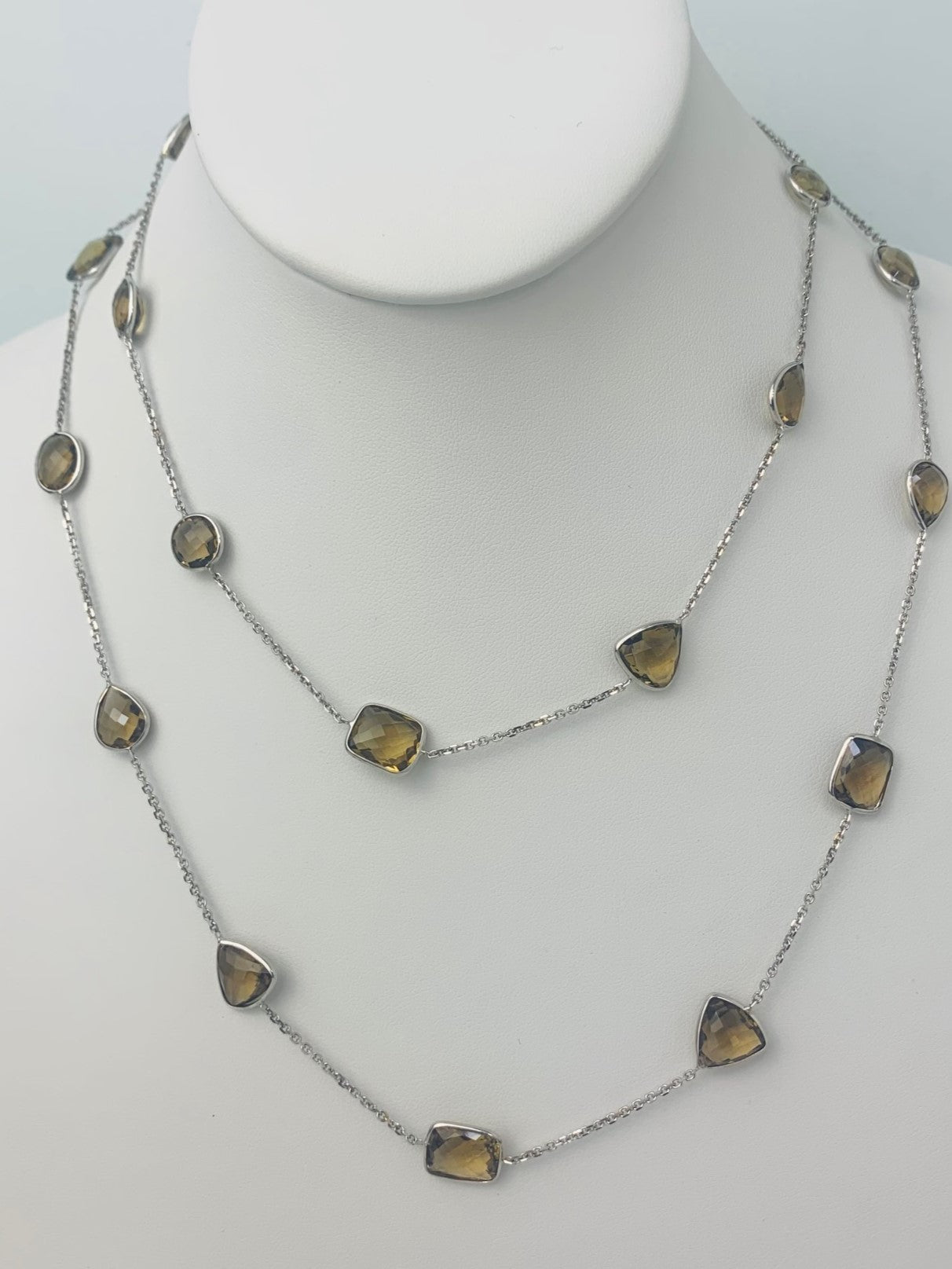 36" 20 Station Honey Quartz Round, Pear, Trilliant, Oval and Rectangular Checkerboard Bezel Necklace in 14KW NCK-174-BZGM14W-HQ-36