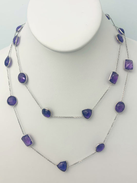 36" 20 Station Amethyst Round, Pear, Trilliant, Oval and Rectangular Checkerboard Bezel Necklace in 14KW - NCK-176-BZGM14W-AMY-36