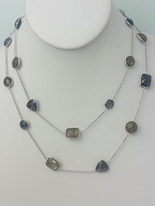 36" 20 Station Rutilated and Tourmalinated Quartz Round, Pear, Trilliant, Oval and Rectangular Checkerboard Bezel Necklace in 14KW - NCK-179-BZGM14W-RUTTMQZ-36