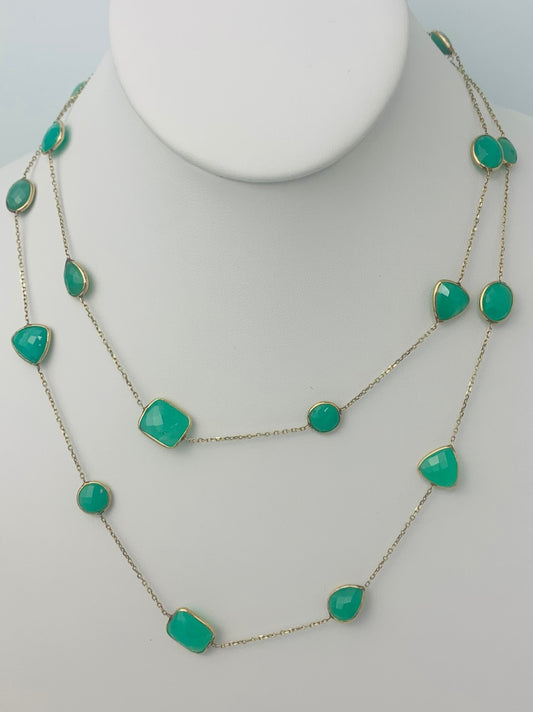 36" 20 Station Chrysoprase Round, Pear, Trilliant, Oval and Rectangular Checkerboard Bezel Necklace in 14KY - NCK-180-BZGM14Y-CHR-36