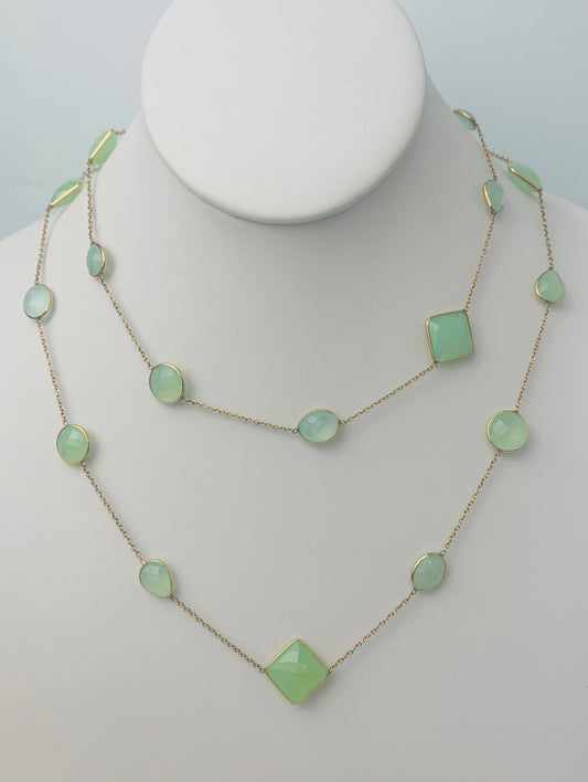 36" 20 Station Chalcedony Round, Pear, Trilliant, Square Cushion and Oval Checkerboard Bezel Necklace in 14KY - NCK-187-BZGM14Y-CHAL-36