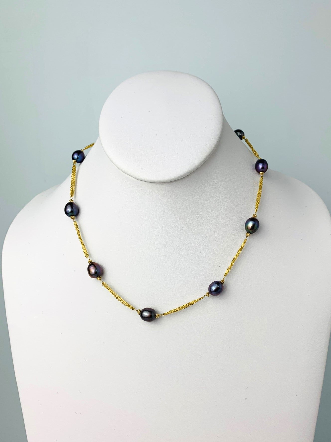 17" Triple Chain Purple Freshwater Pearl Station Necklace in 14KY - NCK-196-3TNCPRL14Y-PCK-17
