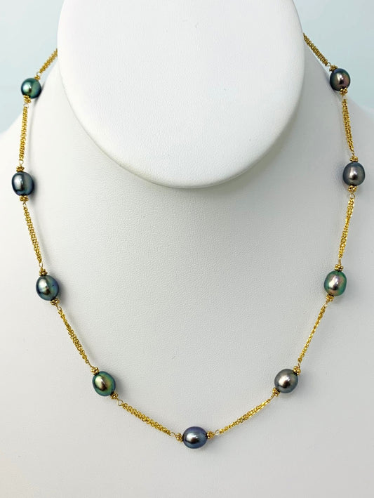 17" Double Chain Dyed Peacock Freshwater Pearl Station Necklace in 14KY - NCK-197-2TNCPRL14Y-PCK-17