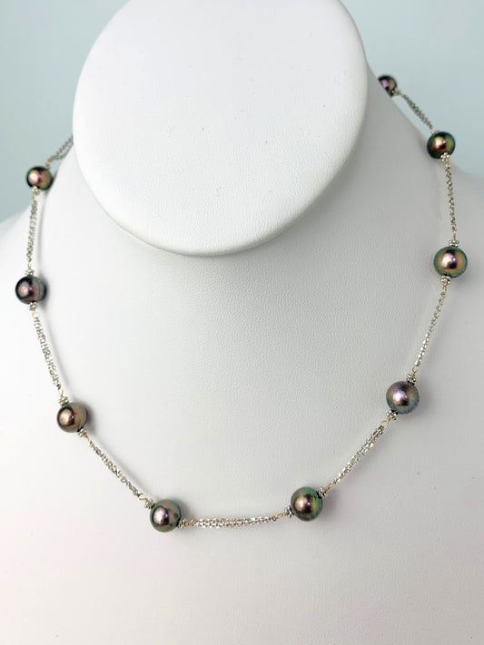 17" Double Chain Dyed Peacock Freshwater Pearl Station Necklace in 14KW - NCK-197-2TNCPRL14W-PCK-17