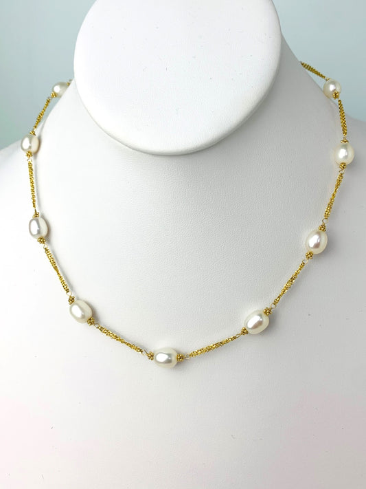 17" White Freshwater Pearl Station Necklace in 14KY - NCK-197-2TNCPRL14Y-WH-17