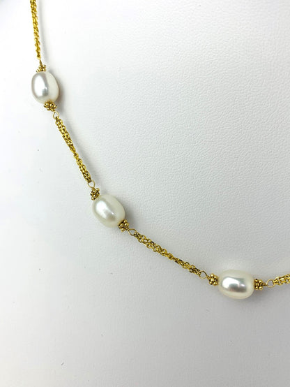 17" White Freshwater Pearl Station Necklace in 14KY - NCK-197-2TNCPRL14Y-WH-17