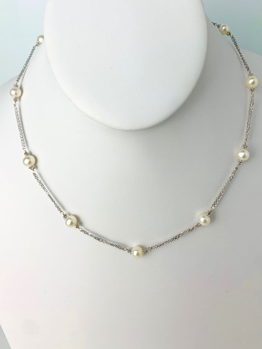16" Double Chain White Freshwater Pearl Station Necklace in 14KW - NCK-198-2TNCPRL14W-WH-16