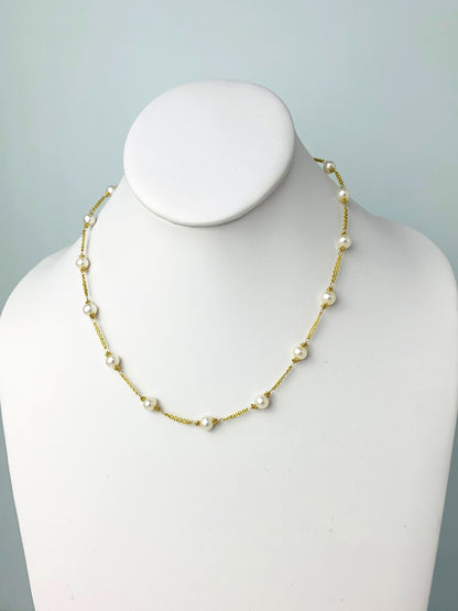 17" Double Chain White Freshwater Pearl Station Necklace in 14KY - NCK-198-2TNCPRL14Y-WH-17