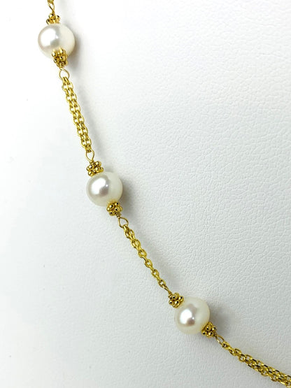 17" Double Chain White Freshwater Pearl Station Necklace in 14KY - NCK-198-2TNCPRL14Y-WH-17