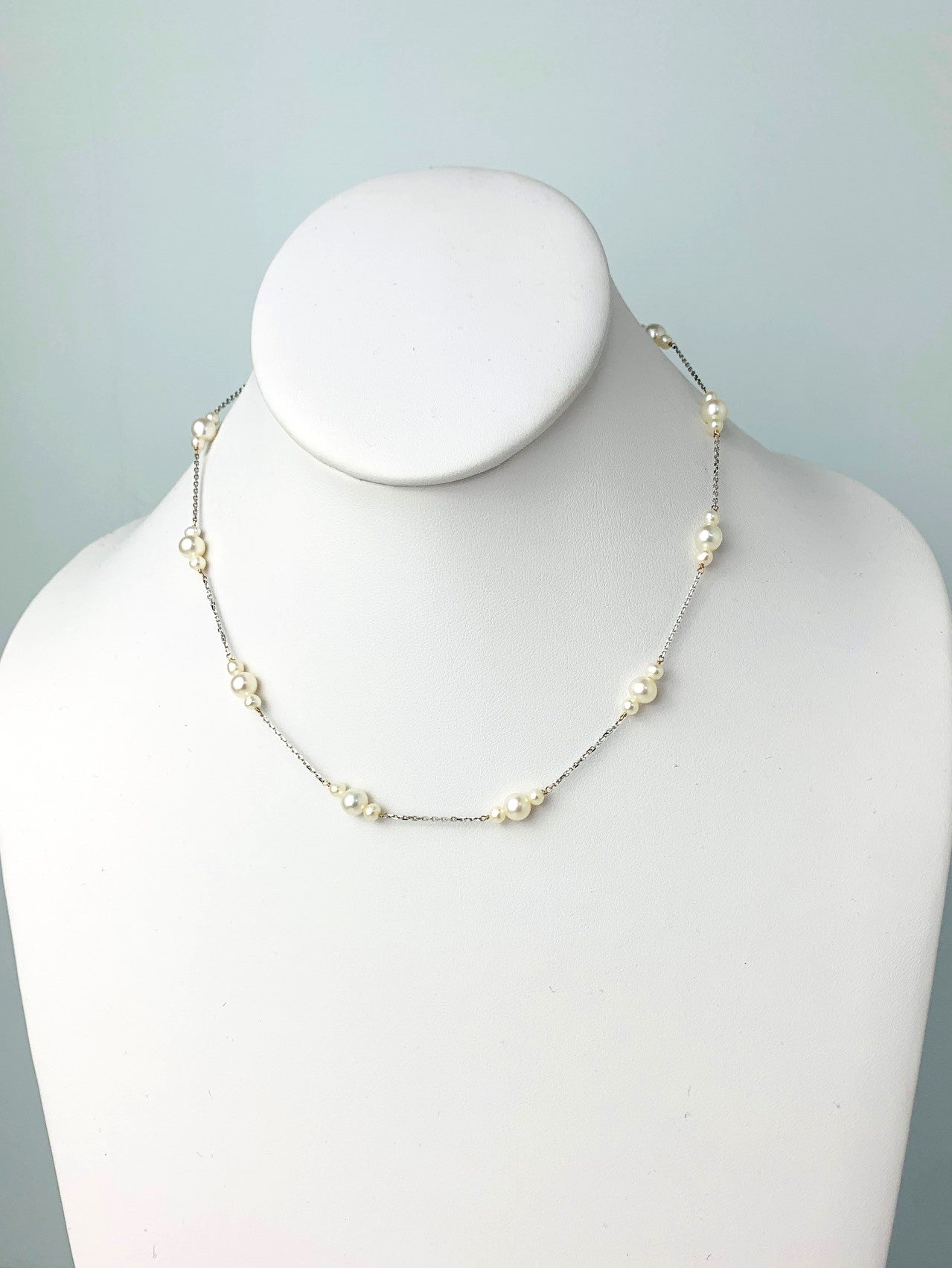 16"-17.5" Pearl Station Necklace in 14KW - NCK-212-TNCPRL14W-WH