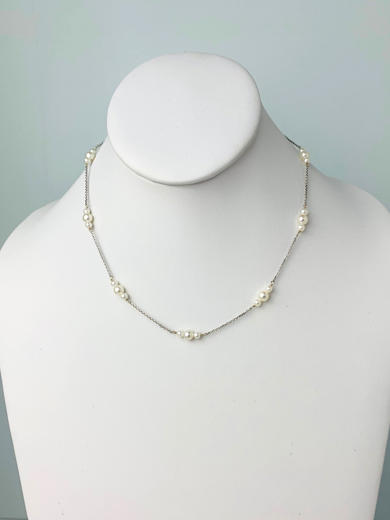 16"-17.5" Pearl Station Necklace in 14KW - NCK-212-TNCPRL14W-WH