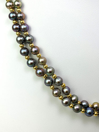 17" Double Row White Freshwater Pearl And Gold Bead Necklace in 14KY - NCK-216-CRDPRL14Y-PCK-17
