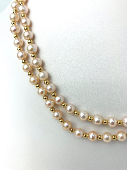 17" Double Row Pink Freshwater Pearl And Gold Bead Necklace in 14KY - NCK-216-CRDPRL14Y-PK-17