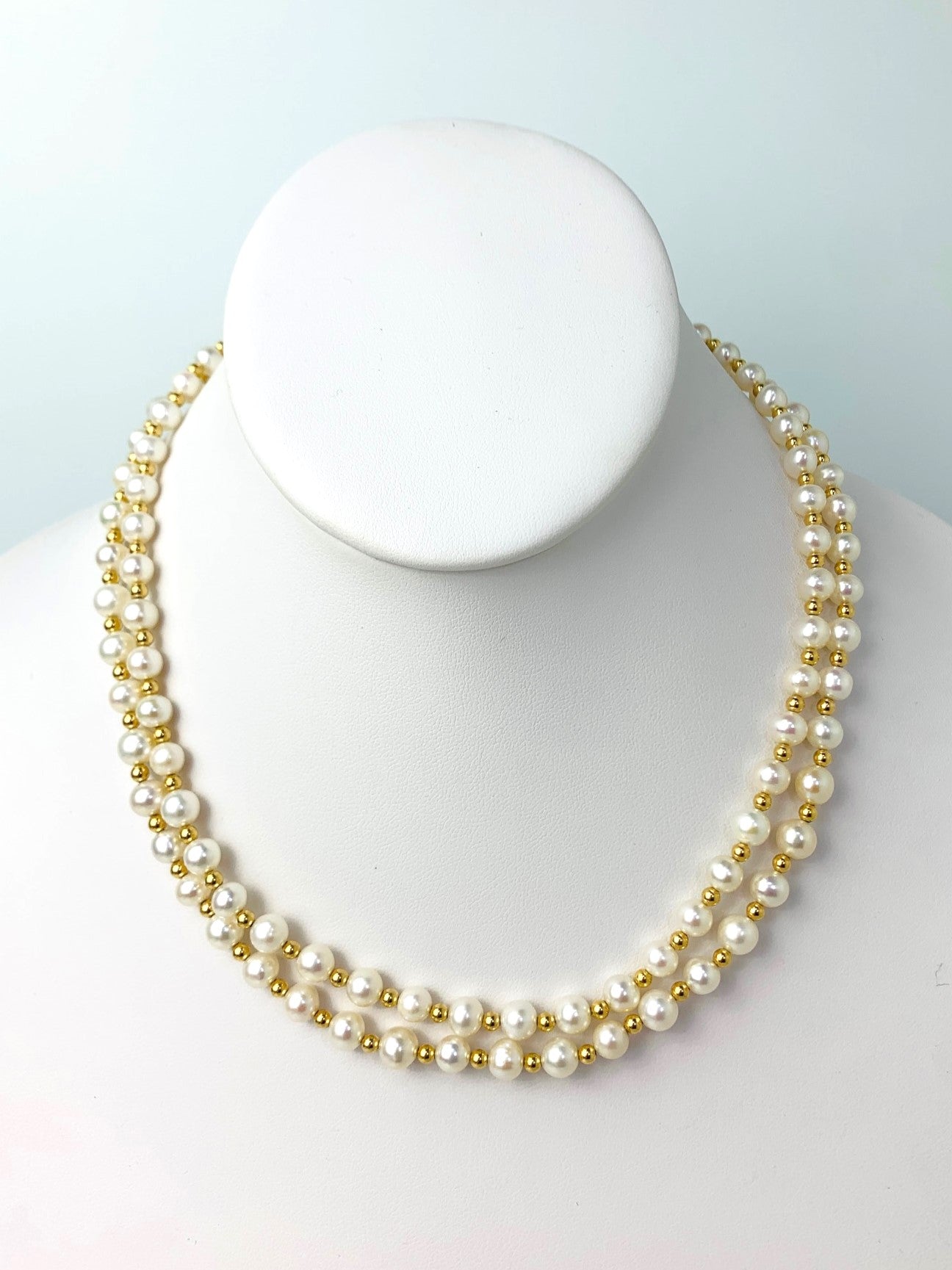 17" Double Row White Freshwater Pearl And Gold Bead Necklace in 14KY - NCK-216-CRDPRL14Y-WH-17
