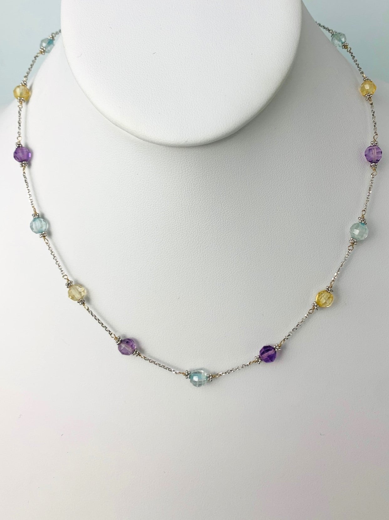 17" Citrine, Amethyst, And Blue Topaz Station Necklace in 14KW - NCK-238-TNCGM14W-MLTI-17A