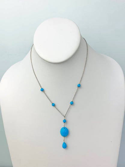 15-17" Turquoise Station Necklace With Oval Checkerboard And Briolette Lariat Drop in 14KW - NCK-361-TNCDRPGM14W-TQ-16