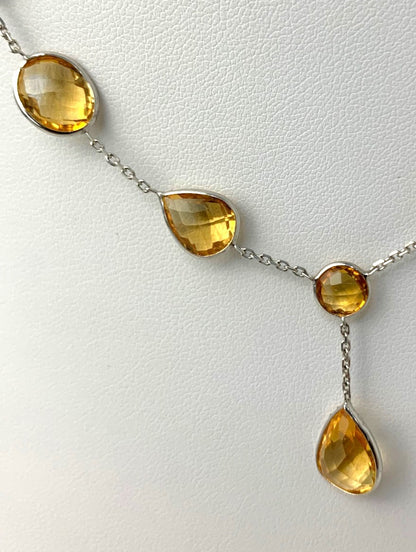 16" Round And Pear Briolette Lariat Bezel Necklace With Pear Drop in 14KW - NCK-323-BZGM14W-CIT-16