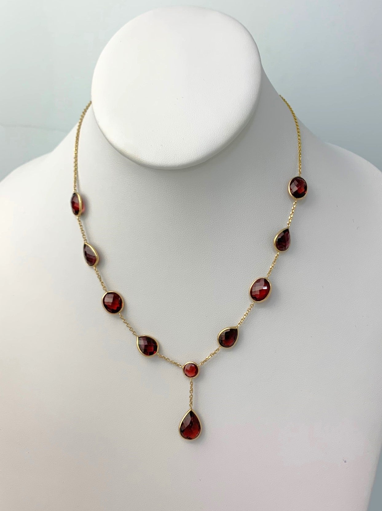 16" Round And Pear Briolette Lariat Bezel Necklace With Pear Drop in 14KY - NCK-323-BZGM14Y-GNT-16
