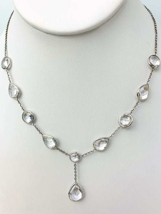 18" Crystal Quartz Round And Pear Briolette Lariat Bezel Necklace With Pear Drop in 14KW - NCK-324-BZGM14W-CRY-18