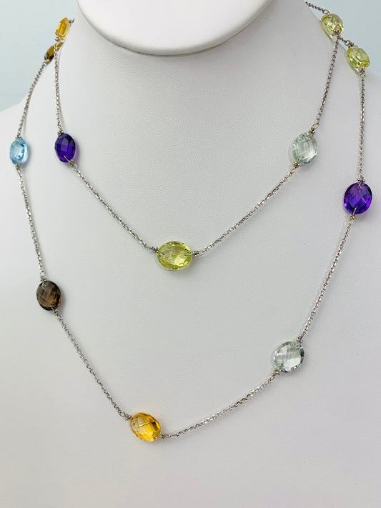 37" 14 Station Multicolor Oval Rose Cut Gemstone Necklace in 14KW - NCK-346-TNCGM14W-MLTI-37
