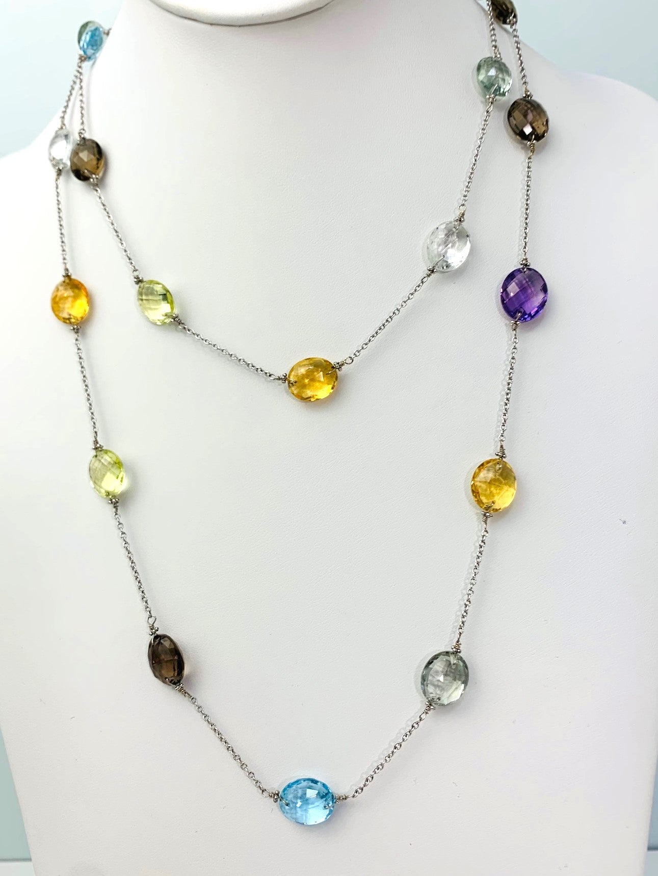 42" 20 Station Multicolored Oval Rose Cut Gemstone Necklace in 14KW - NCK-347-TNCGM14W-MLTI-42