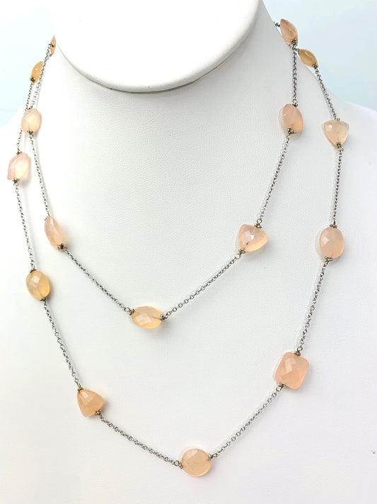 36" Rose Quartz Round, Oval, Trilliant And Rectangular Checkerboard Bead Station Necklace in 14KW - NCK-348-TNCGM14W-RQ-37