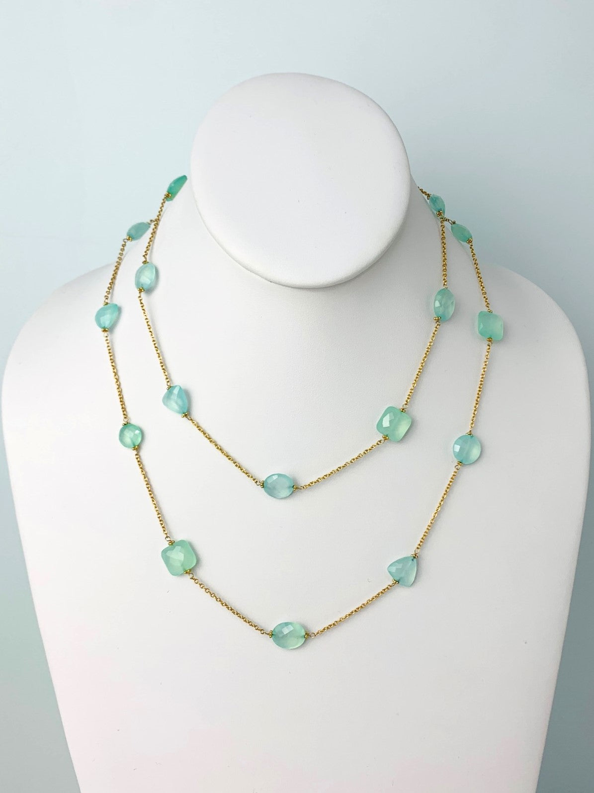 36" Chalcedony Quartz Round, Oval, Trilliant And Rectangular Checkerboard Bead Station Necklace in 14KY - NCK-348-TNCGM14Y-CAL-36