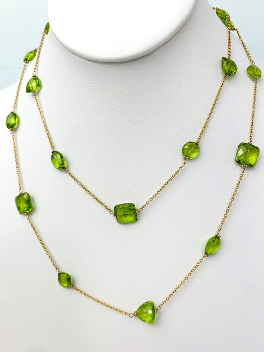 36" Peridot Round, Oval, Trilliant And Rectangular Checkerboard Bead Station Necklace in 14KY - NCK-349-TNCGM14Y-PDT-36