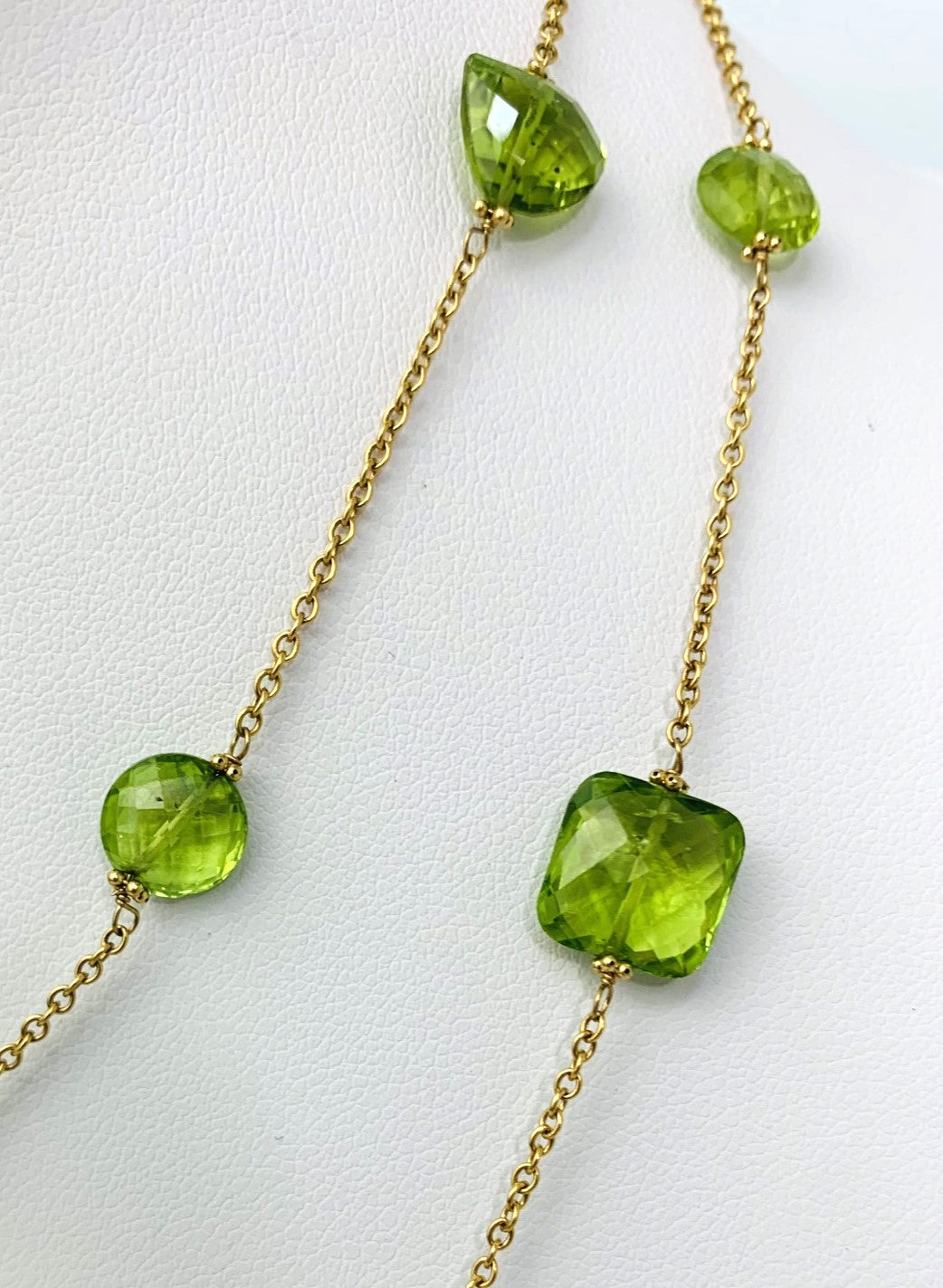 36" Peridot Round, Oval, Trilliant And Rectangular Checkerboard Bead Station Necklace in 14KY - NCK-349-TNCGM14Y-PDT-36