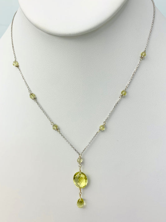 16-17" Lemon Quartz Station Necklace With Oval Checkerboard And Briolette Lariat Drop in 14KW - NCK-354-TNCDRPGM14W-LQ-17
