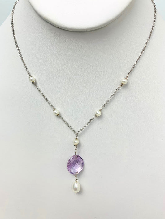 15.5"-16.5" Amethyst and Pearl Station Necklace With Oval Checkerboard And Briolette Lariat Drop in 14KW - NCK-354-TNCDRPPRLGM14W-WHAMY-16.5