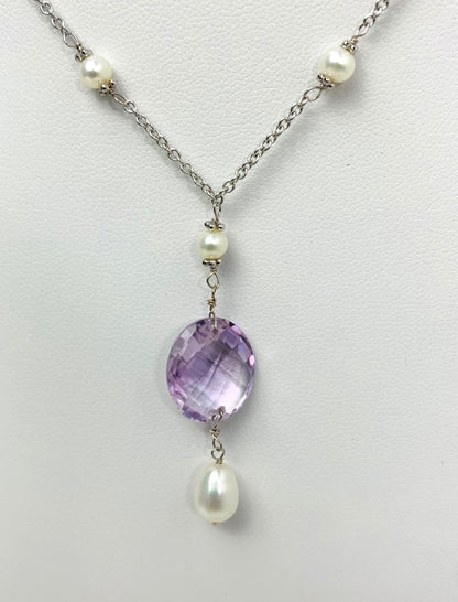 15.5"-16.5" Amethyst and Pearl Station Necklace With Oval Checkerboard And Briolette Lariat Drop in 14KW - NCK-354-TNCDRPPRLGM14W-WHAMY-16.5