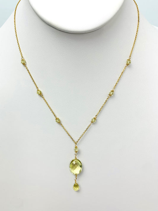 16-17" Lemon Quartz Station Necklace With Oval Checkerboard And Briolette Lariat Drop in 14KY - NCK-354-TNCDRPGM14Y-LQ-17