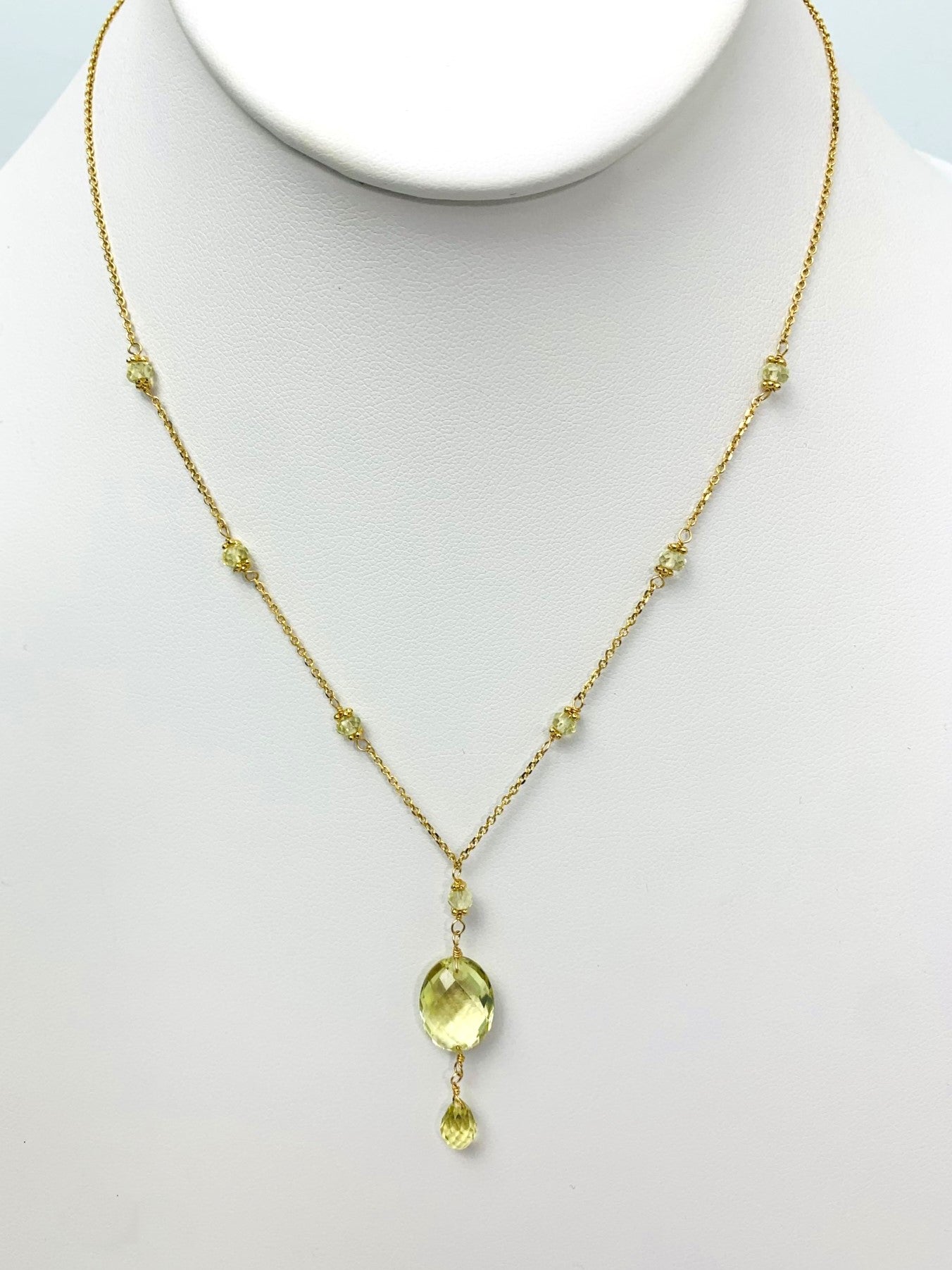 16-17" Lemon Quartz Station Necklace With Oval Checkerboard And Briolette Lariat Drop in 14KY - NCK-354-TNCDRPGM14Y-LQ-17