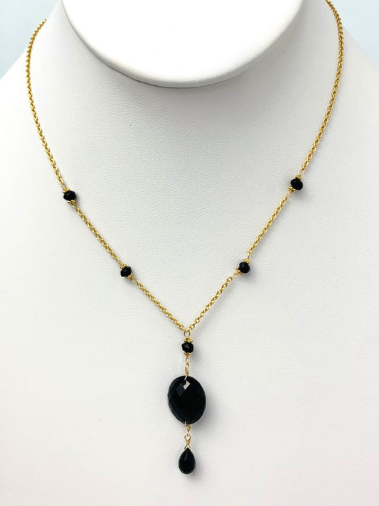 16"-17" Onyx Station Necklace With Oval Checkerboard And Briolette Lariat Drop in 14KY - NCK-355-TNCDRPGM14Y-OX-17